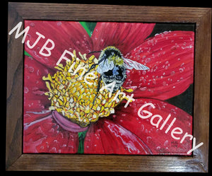 "Bee In The Red Flower", Original Oil Painting, Framed
